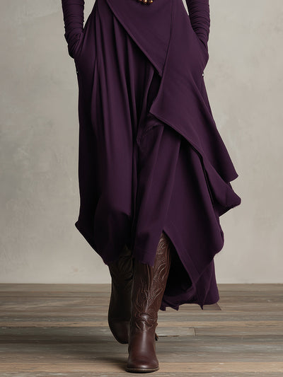 Asymmetrical Pleated Maxi Dress in Purple with High Neck