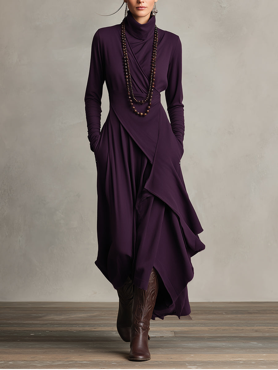 Asymmetrical Pleated Maxi Dress in Purple with High Neck