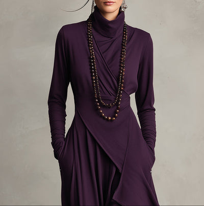 Asymmetrical Pleated Maxi Dress in Purple with High Neck
