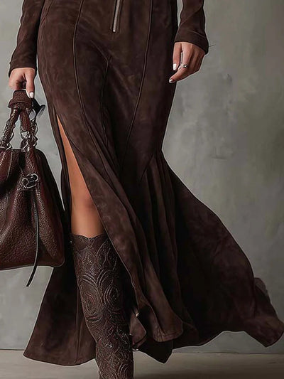 Brown Vintage Long Dress with Belt