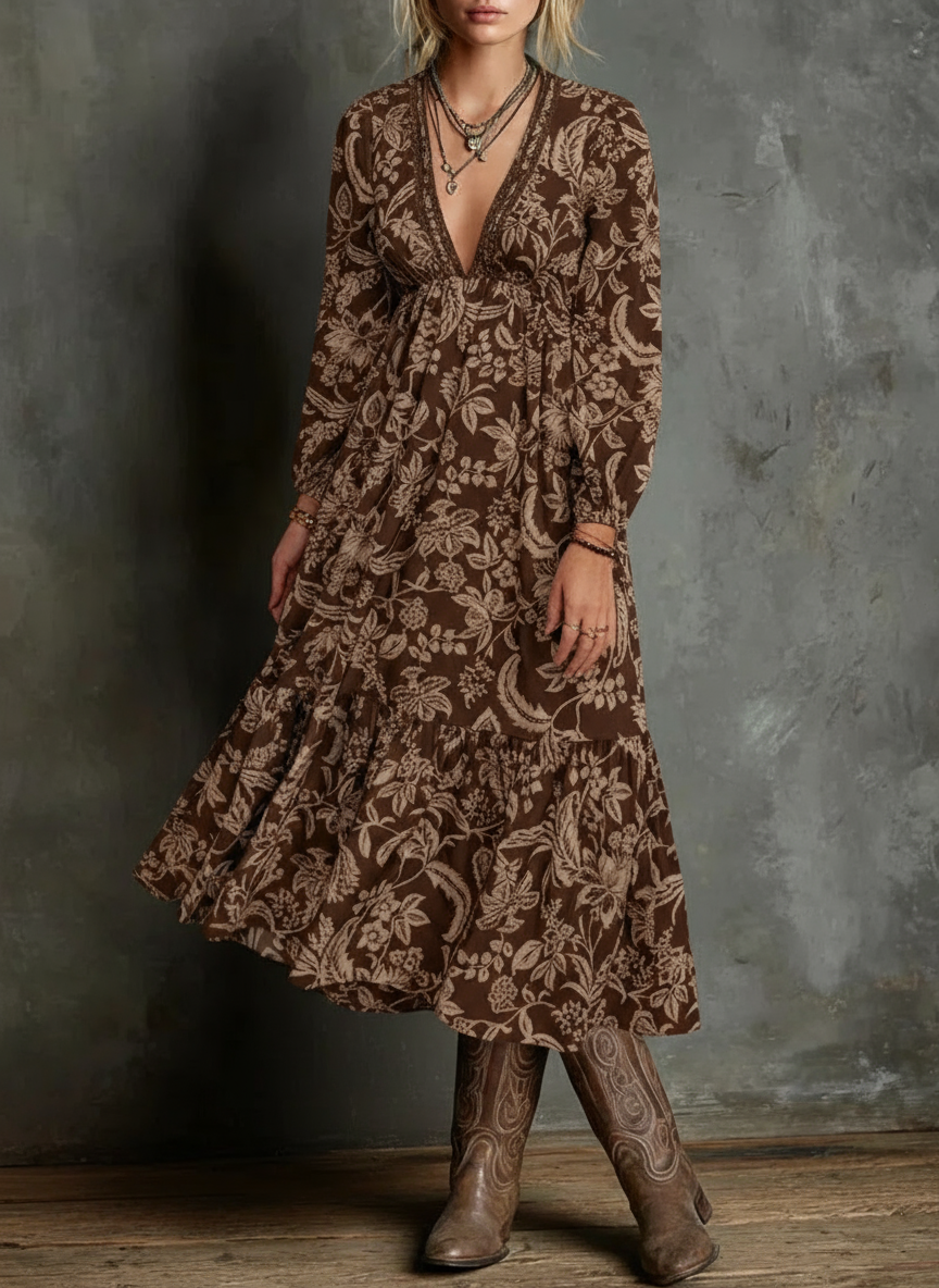 Alicia | Bohemian dress with V-neck and floral lace print