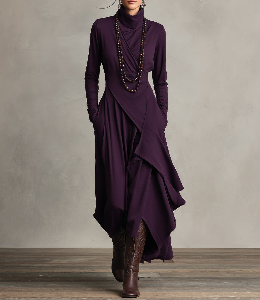 Asymmetrical Pleated Maxi Dress in Purple with High Neck