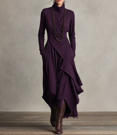 Asymmetrical Pleated Maxi Dress in Purple with High Neck