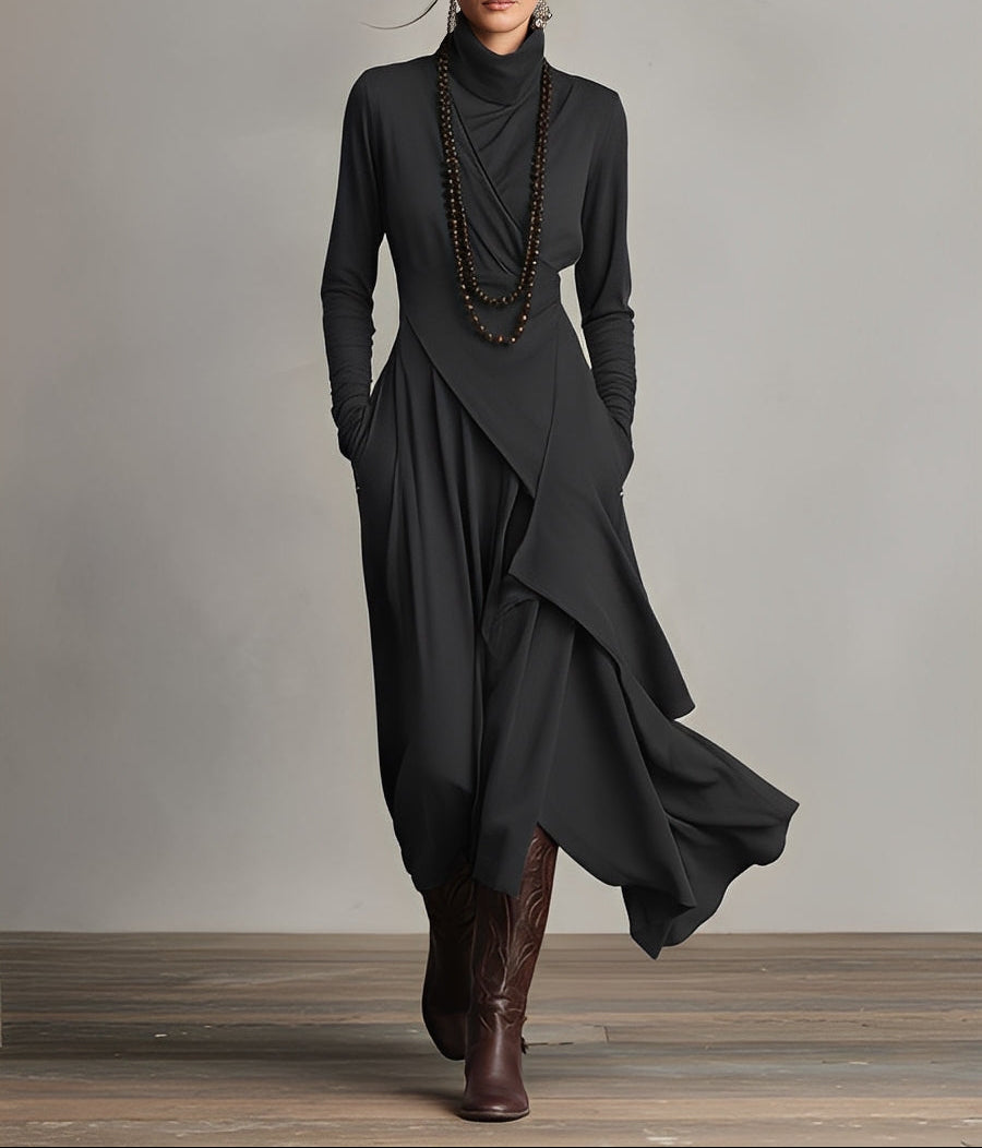 Asymmetrical Pleated Maxi Dress in Purple with High Neck