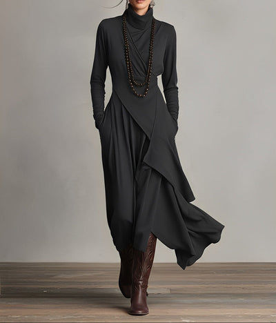 Asymmetrical Pleated Maxi Dress in Purple with High Neck