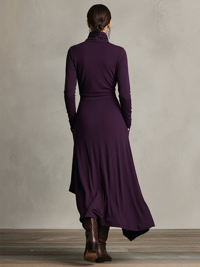 Asymmetrical Pleated Maxi Dress in Purple with High Neck