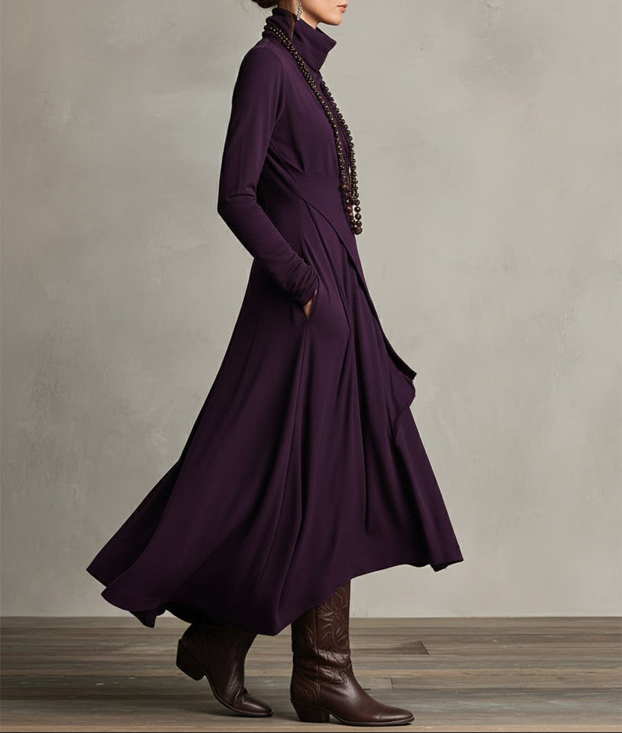 Asymmetrical Pleated Maxi Dress in Purple with High Neck