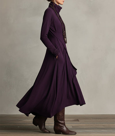 Asymmetrical Pleated Maxi Dress in Purple with High Neck